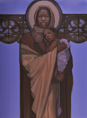 Mary and Jesus with the papel picado© by Janet McKenzie