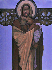 Mary and Jesus with the papel picado© by Janet McKenzie